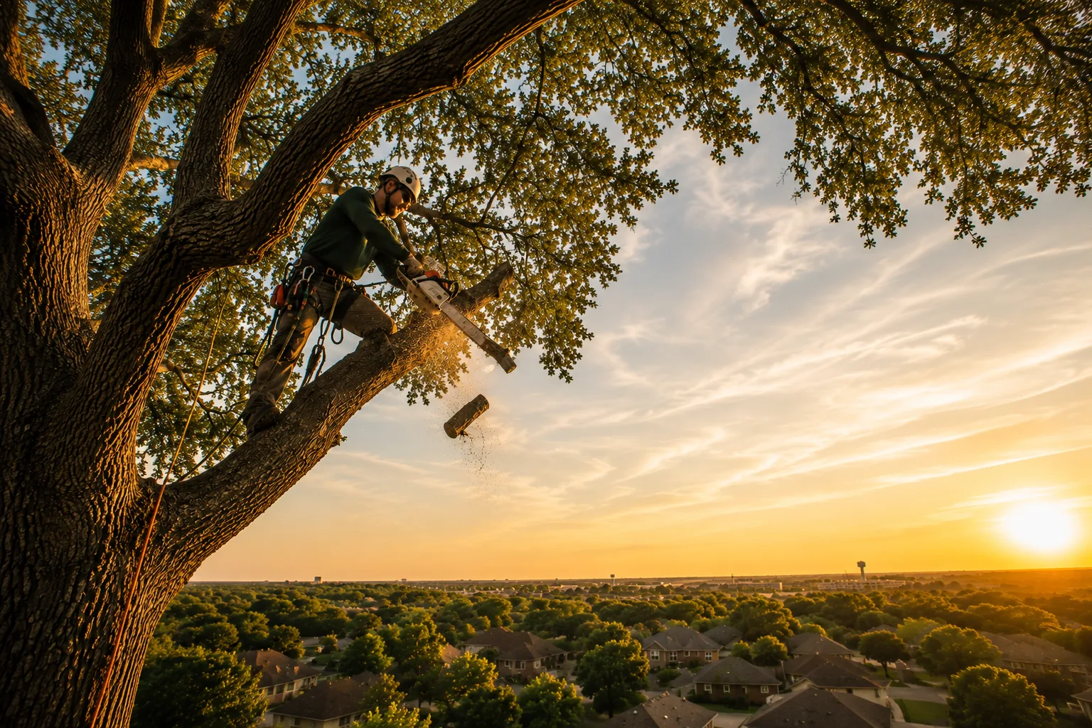 A climber in harness trimming a big live oak at golden hour, high above a DFW neighborhood